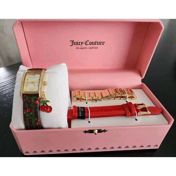 RARE JUICY COUTURE CHINO CHERRY FRESHLY PICKED WATCH SET GOLD RED BROWN 3 BANDS - Picture 1 of 14